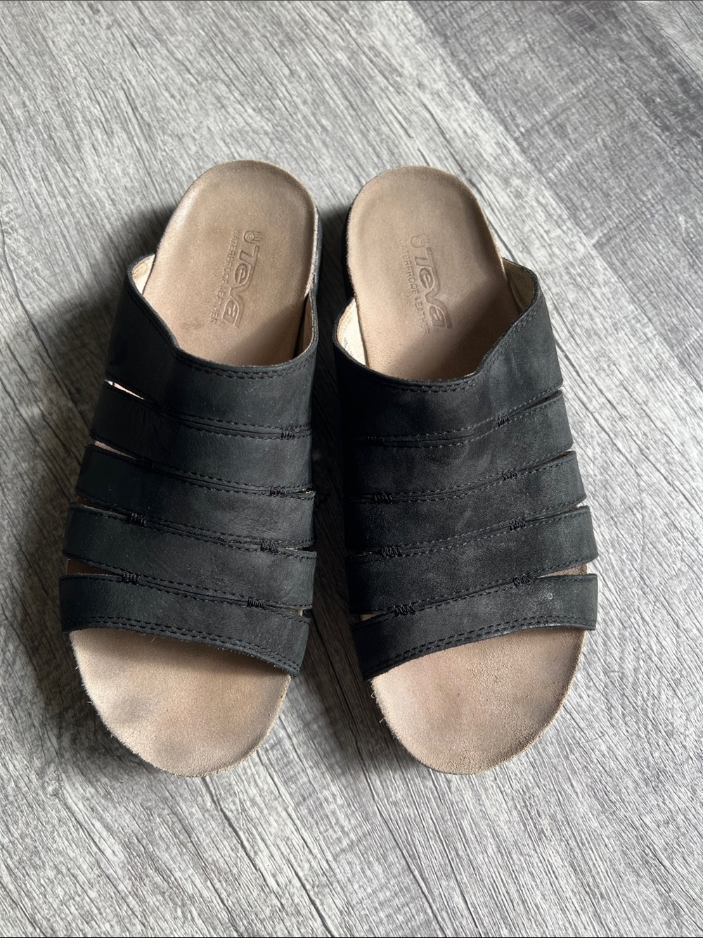 Teva Ysidro Black Leather Multi Strap Slide Sandals Comfort Footbed Size 8.5
